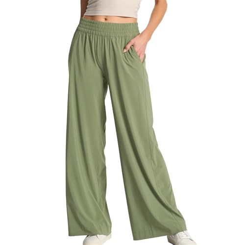 Womens Wide Leg Pants Summer Flowy Palazzo Casual High Waist Elastic Pants Beach Vacation Trousers with Pockets