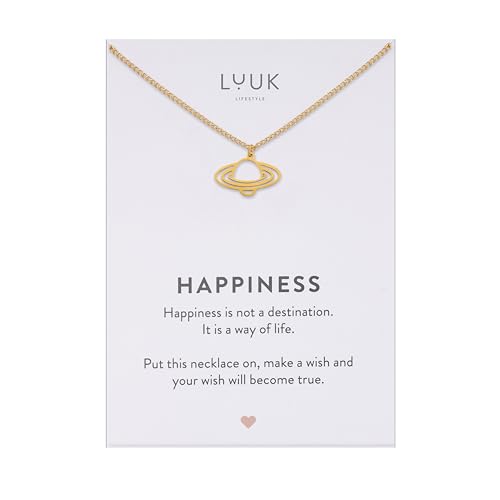 LUUK LIFESTYLE Collar con colgante saturno y de acero inoxidable tarjeta frase HAPPINESS, cadena resistente al agua, amuleto de la suerte, joyería moderno, regalo para mujer, aniversario, dorado