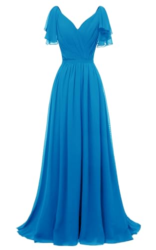 Image of Yexinbridal Ruffle Sleeves Bridesmaid Dresses V-Neck Chiffon Long Formal Wedding Evening Party Gowns for Women