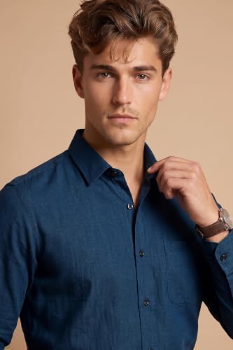 Image of Peter England Men's Everday Regular Fit Solid Shirt | Cotton Rich | 5-Pin Pocketing