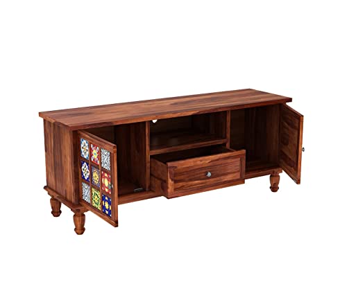 Image of Solid Wood TV Unit for Living Room 55 Inch Furniture - Wooden TV Unit with Storage Cabinet with 1 Drawr, 3 Shelves Wooden TV Cabinet for Living Room - Fits up to 55-Inch TV (Weston)
