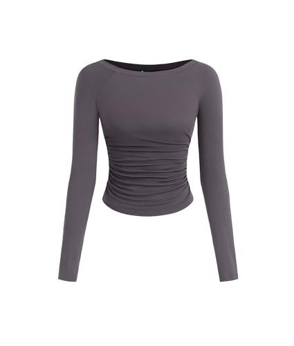 PRETTYGARDEN Long Sleeve Shirts for Women 2025 Fall Ruched Sides Boat Neck Basic Tee Casual Fitted Ribbed Knit Crop Tops