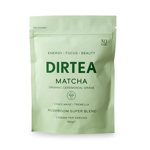 DIRTEA Matcha Powder - 100% Ceremonial Grade Matcha with Lions Mane & Tremella - 2 500mg per Serving - Vegan & Non GMO - 180g - 30 Servings