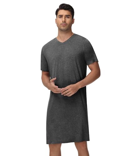 WiWi Men's Nightshirt Short-Sleeve Nightgown Viscose from Bamboo Soft Loose V-Neck Sleepwear Nightwear Sleepshirt Gowns S-XXL3