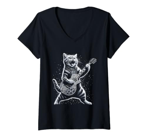 Mujer Funny Rock Cat Playing Guitar Rock and Roll Cat Kitten Lover Camiseta Cuello V