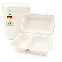 Greenkaufen Bio (50 stück) Bagasse stabil Einweg Warmhalte- Menüboxen 2 geteilt, Klappbox, Snackboxen IP10, 23x15x8cm 900 ml weiß umweltfreundiche menubox Verpackungsboxen