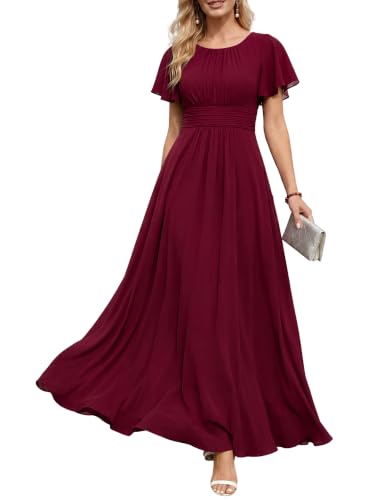 Ever-Pretty Women's Spring Elegant Round Neck Short Sleeve Chiffon Empire Waist Floor Length Formal Dresses Bridesmaid Dress Burgundy US08