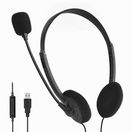 Casque d'ordinateur USB avec - au-Dessus des écouteurs de Jeu câblés | Casque réglable Confortable avec Microphone à Annulation de Bruit, contrôle de Volume, Son stéréo de Haute qualité pour Le