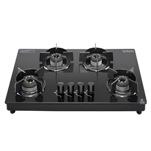 Hindware Coral Blk 4B AI | Brass Burners, Flame Gaurd Pan Supports, Metallic Knobs, Chrome Finish SS Drip Trays, 7mm Toughened Glass with Black... - Image 2