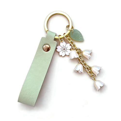Meimimix Lily of the Valley Flower Leaf Charms Keychain Leather Keyring