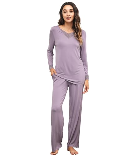 WiWi Women's Pajama Set Soft Bamboo Rayon Sleepwear Lace Trim Long Sleeve and Pants Loungewear 2...
