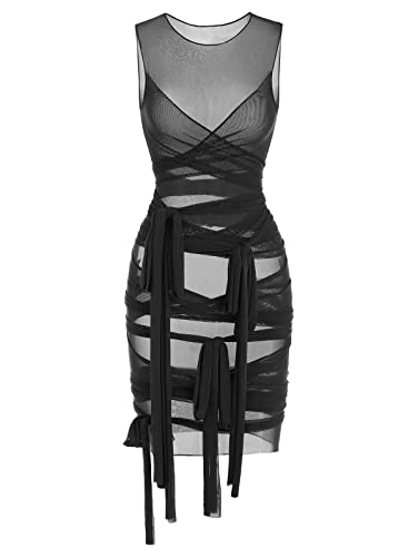 Zaful Women's Sheer Mesh Wrap-Tie Slinky Bodycon Bandage Dress Sexy Sleeveless Mini Dresses For Party Club #TOP30