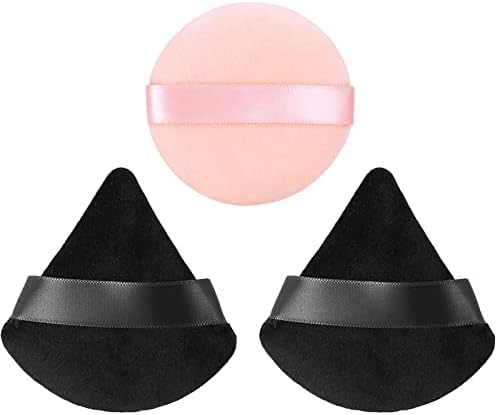 3 Pcs Powder Puff, HEYMKGO Triangle Powder Puffs for Pressed Powder, Velvet Setting Makeup Puff Powder Sponge with Strap, Reusable Wet Dry Dual-use Face Make Up Cosmetics Cleansing Beauty Make-up Puff