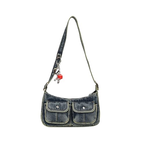 Y2k Vintage Denim Crossbody Bag for Women, Adjustable Strap Small Hobo Purse with Zipper Closure,Multiple Pockets Handbag