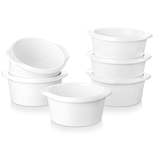 LOVECASA Oven Dishes Round Shape Dish Oven to Table Baking Dish, Ceramic Bakeware Set of 6 with Double Handle Ideal for Cake/Pie/Casserole/Pasta, White - 9.3cm in Diameter