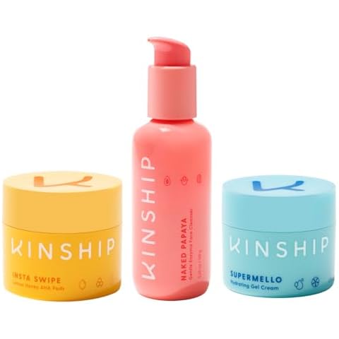 Kinship Besties Bundle | Naked Papaya Cleanser + Insta Swipe + Supermello Moisturizer | Jojoba Oil Face Wash + Glycolic Acid Face Exfoliant Pads + Hyaluronic Acid Gel Cream | Vegan Skincare Cover
