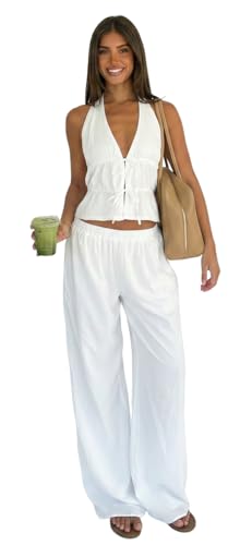 Lexamen Women's Solid Color Two Piece Outfits Summer Backless Cotton