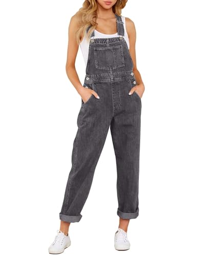 Vetinee Women's Pebble Grey Adjustable Straps Pockets Boyfriend Denim Bib Overalls Jeans Pants Medium