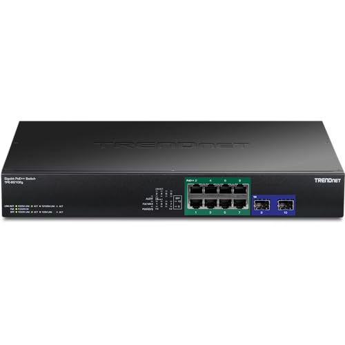 Image of TRENDnet 10-Port Gigabit PoE++ Switch, TPE-BG102g ,8 x Gigabit PoE++ Ports, 2 x Gigabit SFP Ports, 240W PoE Power Budget, 20Gbps, Internal Power Supply, Lifetime Protection, Black