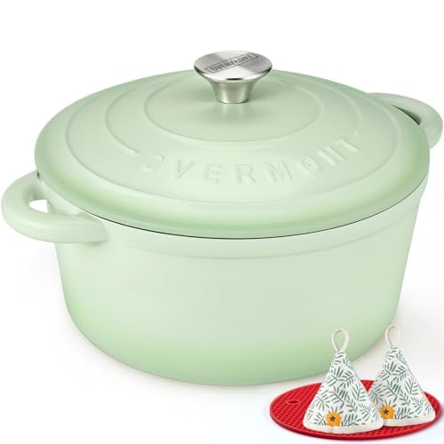 Image of Overmont Enameled Cast Iron Dutch Oven - 4.5QT Pot with Lid Cookbook & Cotton Potholders - Heavy-Duty Cookware for Braising, Stews, Roasting, Bread Baking Verdant