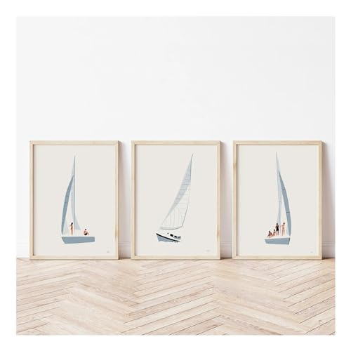 Affiche de voilier minimaliste peinture sur toile triptyque grand format pour salon