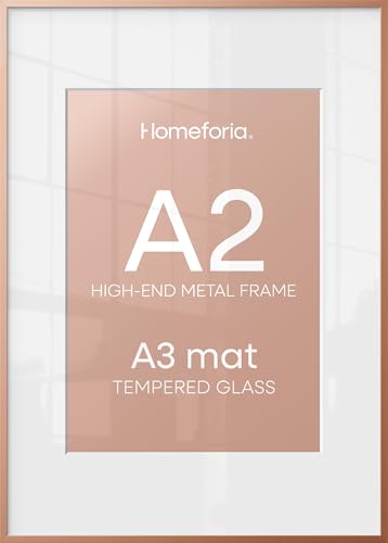 Image of Homeforia A2 Poster Frame Rose Gold, High End Metal A2 Picture Frame Rose Gold with Mat A3 for Print, 16.5x23.4 Frame Matted to 11.7x16.5 Photo, 16.5 by 23.5 Frames, Tempered Glass, Wall Kit, Set of 1