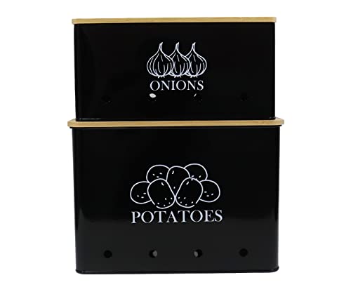 Gdfjiy Potato Onion Kitchen Storage Canisters,Storage Bin For Kitchen 2 Pack Set,potatoe, Potato Storage Box，storage And Long Shelf Life With Aerating Tin Storage Holes-Black