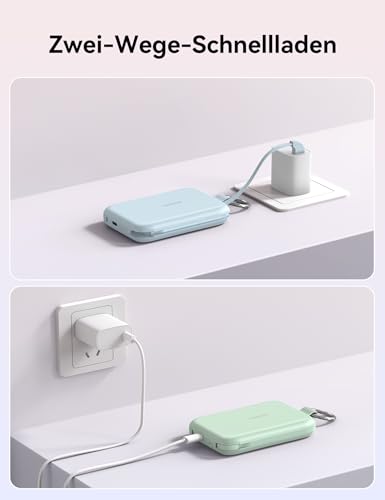 Batería externa 10000 mAh con cable tipo C integrado carga rápida PD 30W verde 5