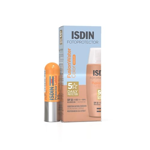 Isdin Fotoprotección Pack Fusion Water Color Medium SPF 50, Protector Solar Facial de Color, Ultraligero y Antioxidante, 50 ml y Protector Labial SPF 30 que Protege, Repara e Hidrata 4 g