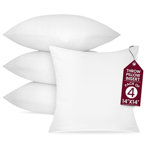 Hannah Linen 14x14 Throw Pillow Inserts – Set of 4 Soft Square Couch Pillows – Supportive, Fluffy Fill for Bed, Sofa & Chair – Decorative White Pillow Forms