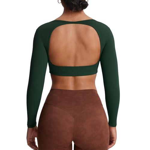 Aoxjox Workout Long Sleeve Crop Tops for Women Clarissa Backless Gym Cropped T Shirt Top (Forest Green (Deep Depths Green) Small)