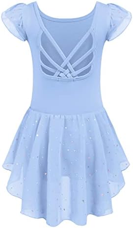 Arshiner Girls Shiny Ruffle Sleeve Ballet Leotard with Skirt Criss-Cross Back Dance Dresses Blue