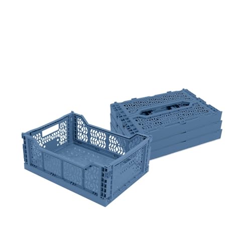 Box and beyond - Lot de 4 Caisses de Rangement pliables - 40 x 30 x 15 cm - Plastique Bleu - Pliables - Avec Poignées - Rangement - Cuisine, Bureau, Chambre,...