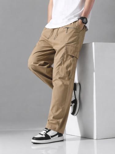 Image of Cargo Cotton Pants for Men's| Relaxed Fit Cargo Trousers| Multi Pocket Casual Streetwear Bottom| Drawstring Elastic Waistband Utility Pants for Men| Comfortable Lower for Men