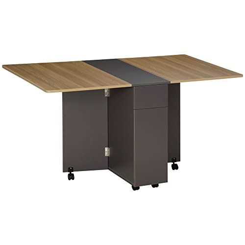 HOMCOM Table à Manger Pliante sur roulettes, Table de Cuisine pour 6 Personnes avec 2 abattants, 2 tiroirs et 2 placards, pour Petits espaces, 140 x 76 x 74...