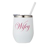 Wifey, White Stainless 12oz Steel Wine Tumbler with Lid and Straw, Perfect Bachelorette or Bridal...
