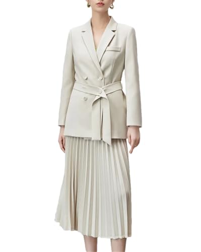 Women Skirt Suits Long Sleeve Notched Collar Blazer Pleated Elastic Waist Skirt Business 2 Piece Sets