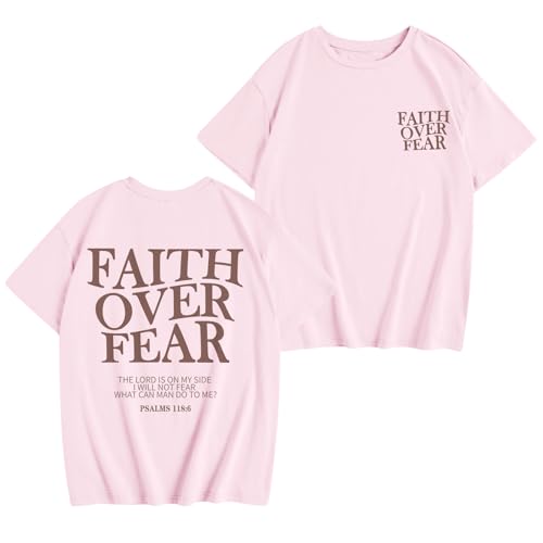 Image of Girls Faith Over Fear Christian Shirts for Kids Jesus God Bible Verse Religious Tshirt Cute Preppy Graphic Tees Tops