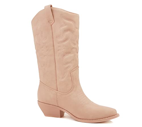 Image of Soda Women's Mug Round Toe Faux Suede Stacked Heel Western Ankle Bootie