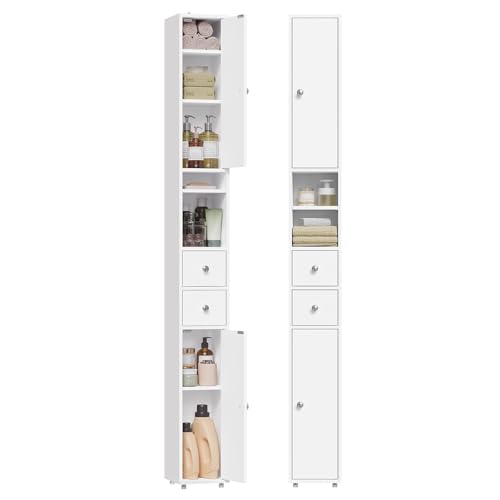 EUGAD Mueble Baño Estrecho, Armario Alto, con Estantes Regulables en Altura, 20x20x180 cm, Columna Baño Auxiliar 2 Cajones y 2 Estantes Abietos, Blanco 0257WY