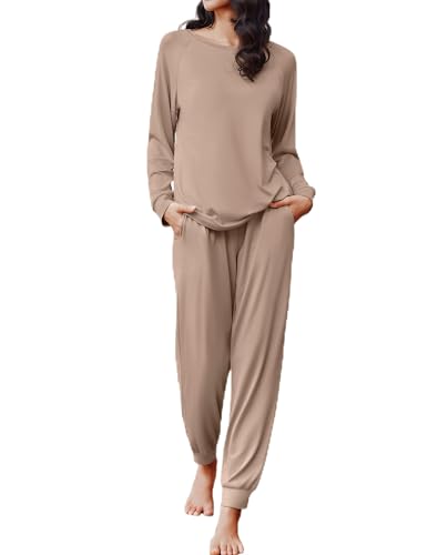 Ekouaer Soft Pajama Set Women Pullover Long Sleeve lounge Sets Jogger Pants Loungewear Sleepwear Sets with Pockets,Large,Khaki
