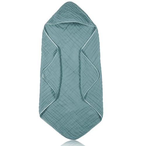 Image of Peryiter Muslin Hooded Baby Towels,32 inchx 32 inch Cotton Newborn Bath Towel Muslin Infant Baby Blankets Absorbent Unisex Newborn Registry Gift for Girls Boys(Teal)