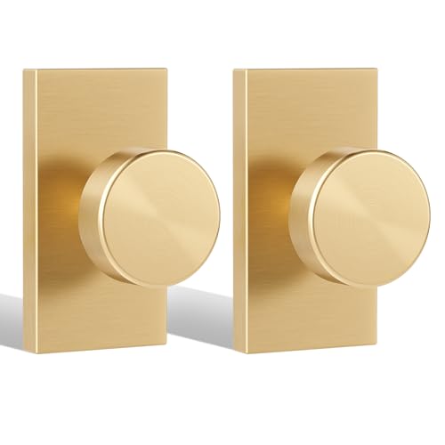 HIEMEY Satin Brass Dummy Door Knobs Interior, Modern Contemporary Round Brushed Gold Brass Dummy Door Handles for Bifold and Closet Rectangle, 2 Pack