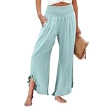 Womens Cotton Linen Pants Elastic High Waisted Loose Fit Summer Pants 2025 Fashion Straight Wide Leg Pant Travel Beach Vacation Clothes with Pockets Casual Lounge Pants Comfy Maternity Clothes