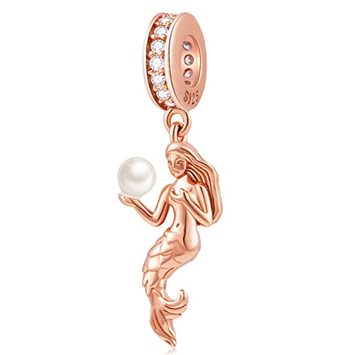 GLOWDAS Rose Gold Mermaid Pendant Charms Holding Pearl fit Pandora Ocean Bracelet, 925 Sterling Silver Little Mermaid Princess Ariel Dangle Sea Life Bead, Gift for Sister/Christmas