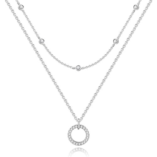 ALEXCRAFT Sterling Silber 925 Ketten Halskette für Damen, Silber Verstellbares Halsketten mit Zirkonia Kreis Anhänger Ketten, Zweilagige Doppel Layering Stapelbare Layered Halsketten Schmuck Ketten