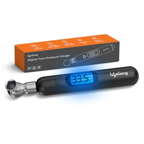 Image of Lifelong Tyre Pressure Gauge | Backlit LCD | Zinc Alloy Head | 0-150 PSI | Portable Tyre Pressure Monitoring for Car, Bike, Motorcycle & Truck Tyres | Black