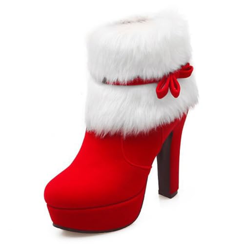 Bottines de Noël à talon pour femme en suédine rouge avec doublure fourrure
