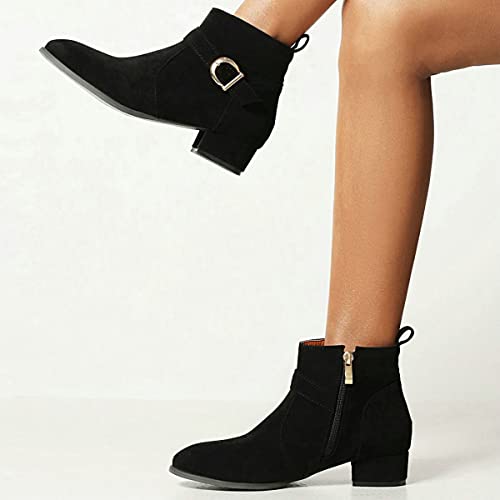 ClassicSter Womens Faux Suede Booties Round Toe Chunky Low Heel Zip Up Ankle Boots with Buckle3