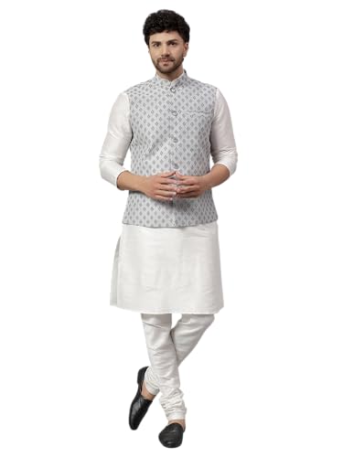 LATEST CHIKAN Men's Silk Blend Kurta Pyjama Set with Jacquard Neh...